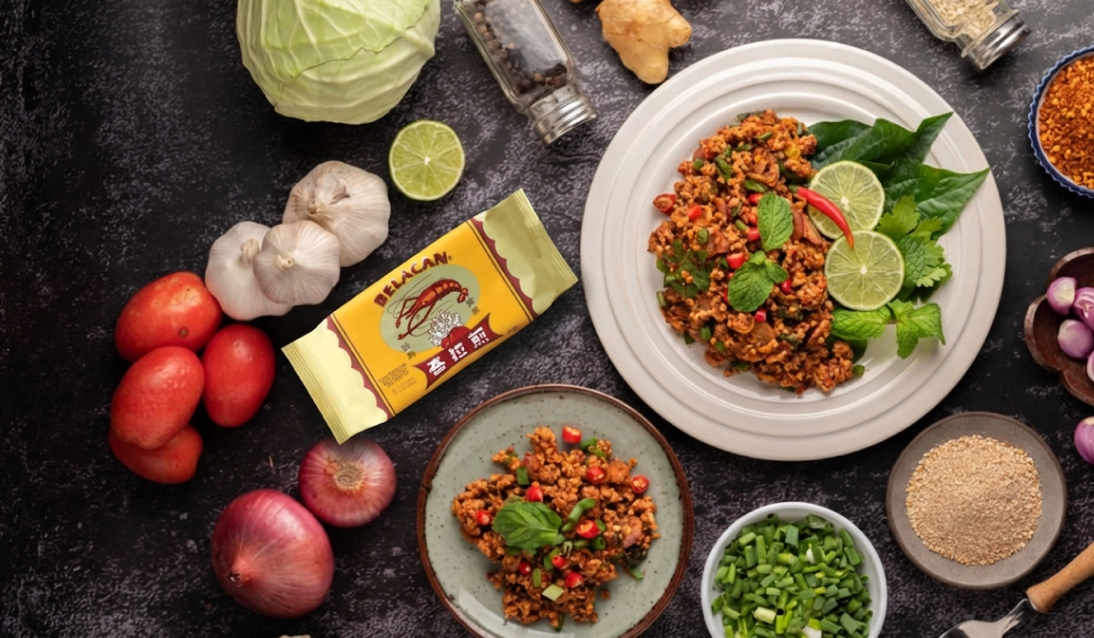 A colorful collage of Malaysian dishes made with prawn paste (belacan) including Nasi Lemak Sambal, Sambal Prawn, and Nyonya Asam Pedas
